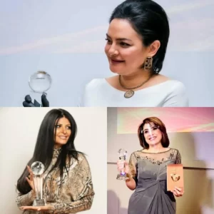 three women with awards